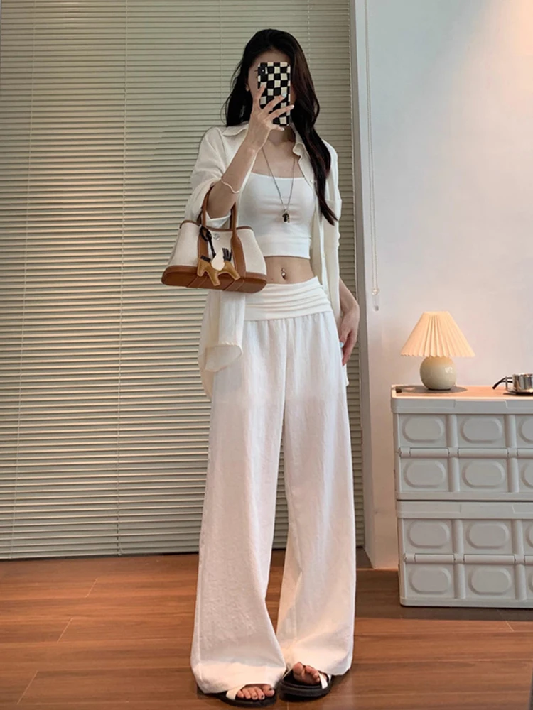 여름 얇은 와이드 레그 팬츠 루즈핏 텐셀 코튼 출산 청바지 배꼽 지원 임산부를 위한 캐주얼 긴 바지