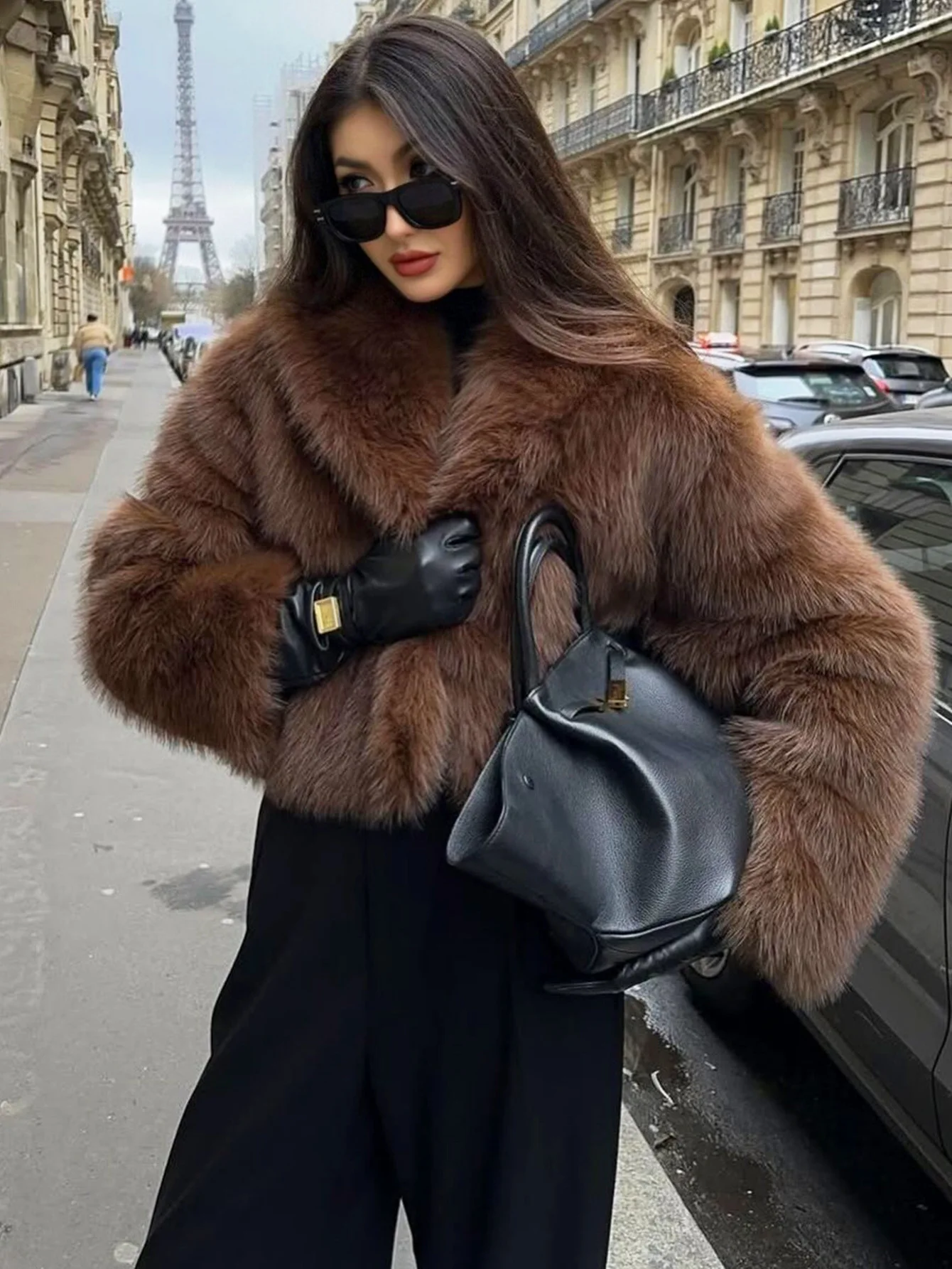 Women Faux Fur Coats Solid Short Jackets Big Turn Down Collar Long Sleeves Open Stitch Straight Fit Casual 2025 Autumn Winter