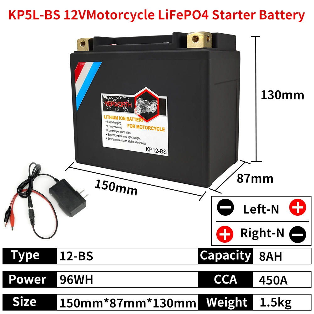 

KP12-BS LiFePO4 Motorcycle Start Battery 12V 8Ah CCA 450A Lithium iron Scooter Battery LFP With BMS For ATV UTV YTX12-BS