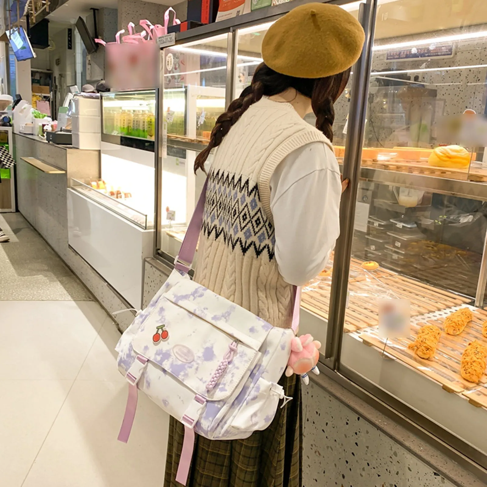 Women Nylon Crossbody Bag W/Pendant Tote Bag Laptop Bag Large Capacity for Travel Shopping Daily Use