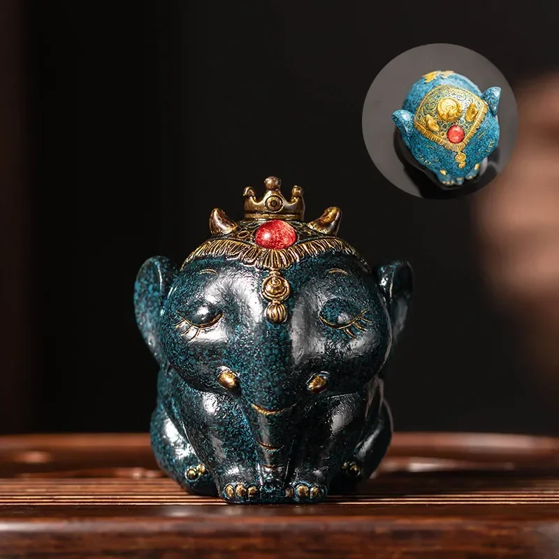 Resin Small Elephant Tea Pet Ornaments High Temperature Discoloration Tea Set Accessories Table and Tray 6.5x6x7cm