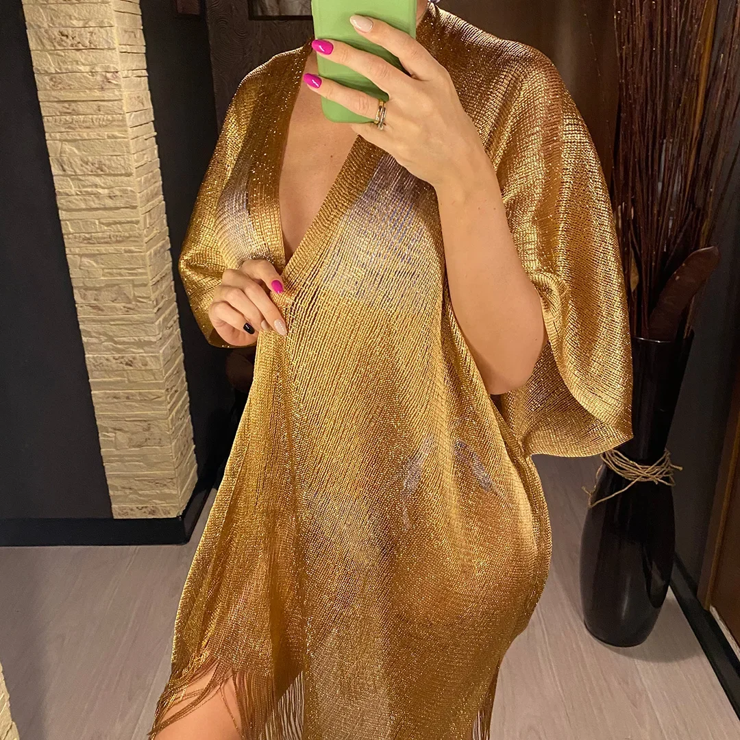 Sexy Fringe Tassel Mesh Sheer Shiny Knitted Tunic Beach Cover Up Cover-ups Beach Dress Beach Wear Beachwear Female Women
