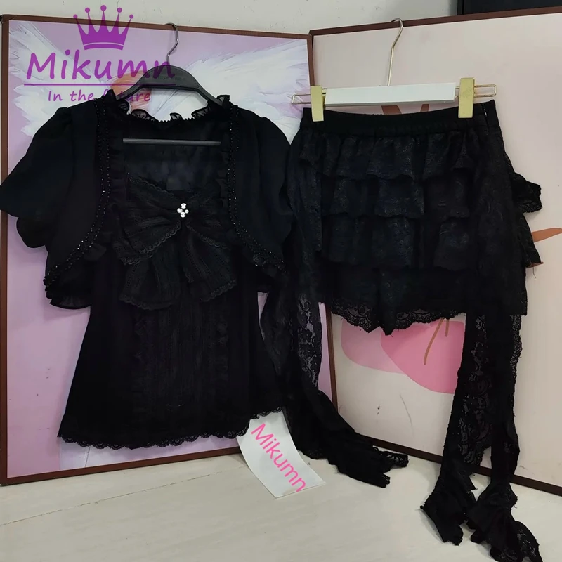 Mikumn Gothic Lolita Black Lace 3 Piece Set Women Puff Sleeve Cardigan+Bow Cami Top+Cake Mini Skirt Y2K Aesthetic Kawaii Outfit