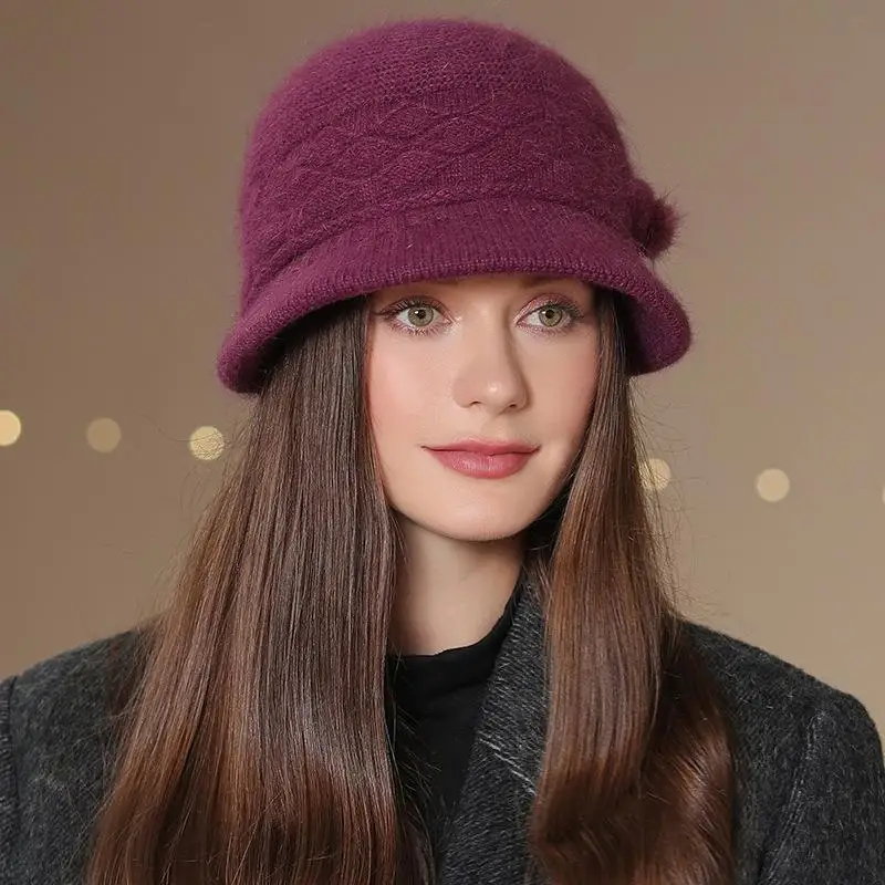 Women Winter Hat Keep Warm Mom Cap Outdoor Add Fur Lined Hats For Women Casual Fur Bucket Knitted Hat