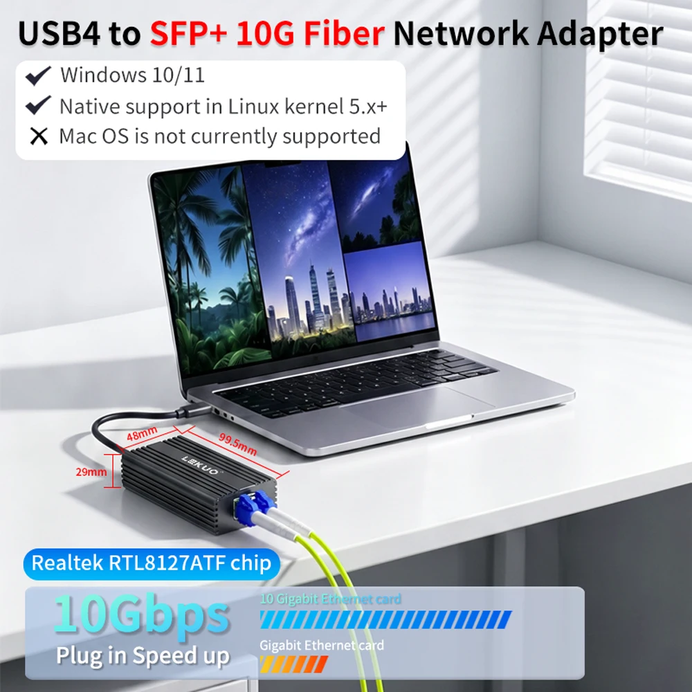 레쿠오 싱글 포트 10G SFP+ USB4 네트워크 카드 Realtek RTL8127ATF 썬더볼트 3/4/5 호환 윈도우/리눅스용 NAS 및 워크스테이션용
