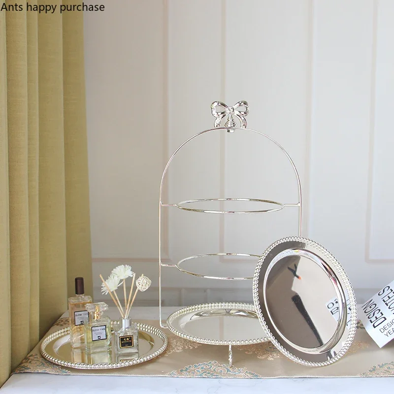 Single Layer Two Layers Three Layers Bow Metal Cake Stand Gold Silver Round Pearl Dessert Cake Pan Fruit Tray Display Stand