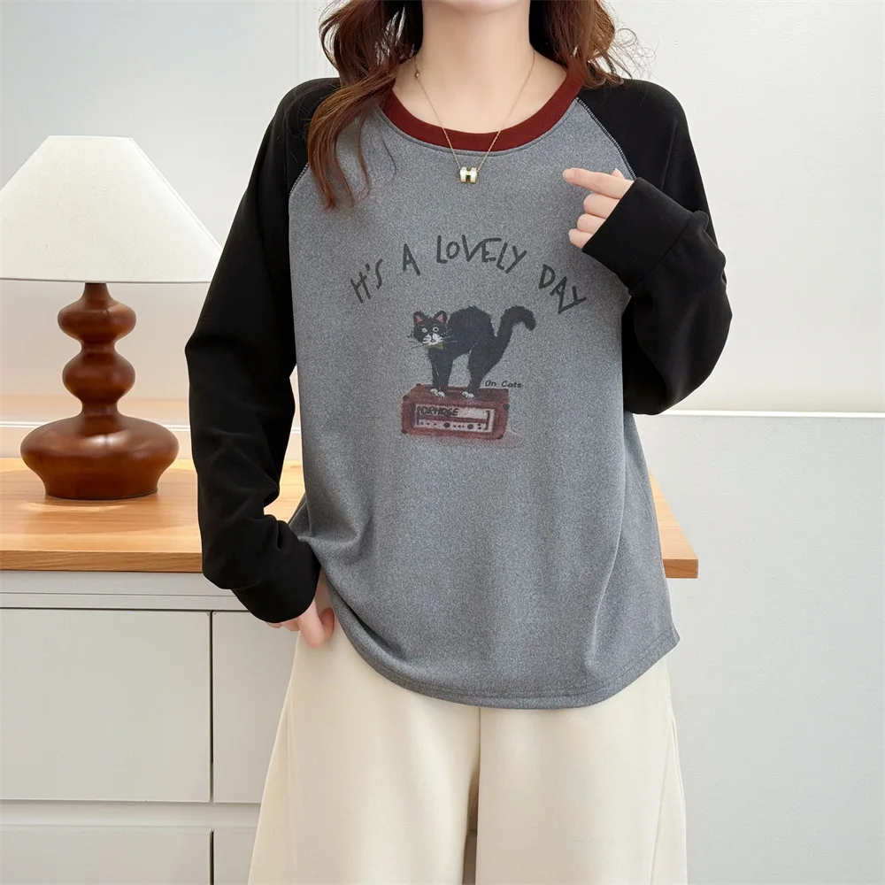 XXXXL Fashion Plus Size Women's T-Shirt 2025 autumn/winter Youthful Casual color-block Printed De Velvet Warm Tops 7052