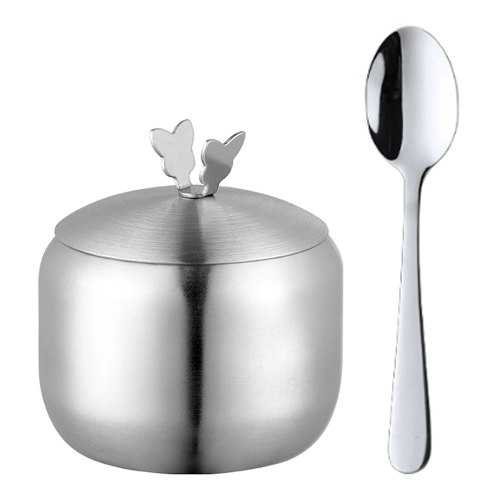 Seasoning Box Kitchen Stainless Condiment Pot Large Diameter Spice Salt Sugar Container Jar with Lid & Spoon