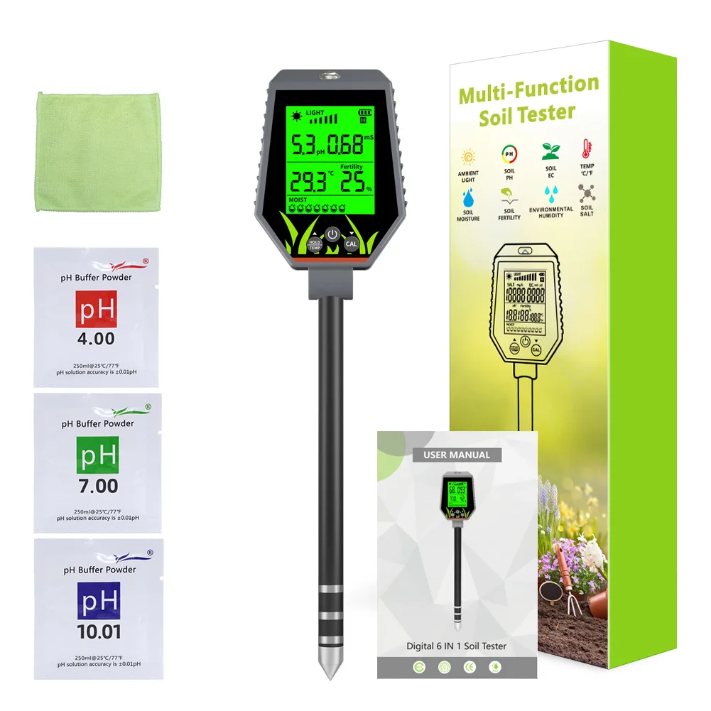 Soil Meter Digital pH Moisture Fertility Light Temp Humidity Analyzer for Garden