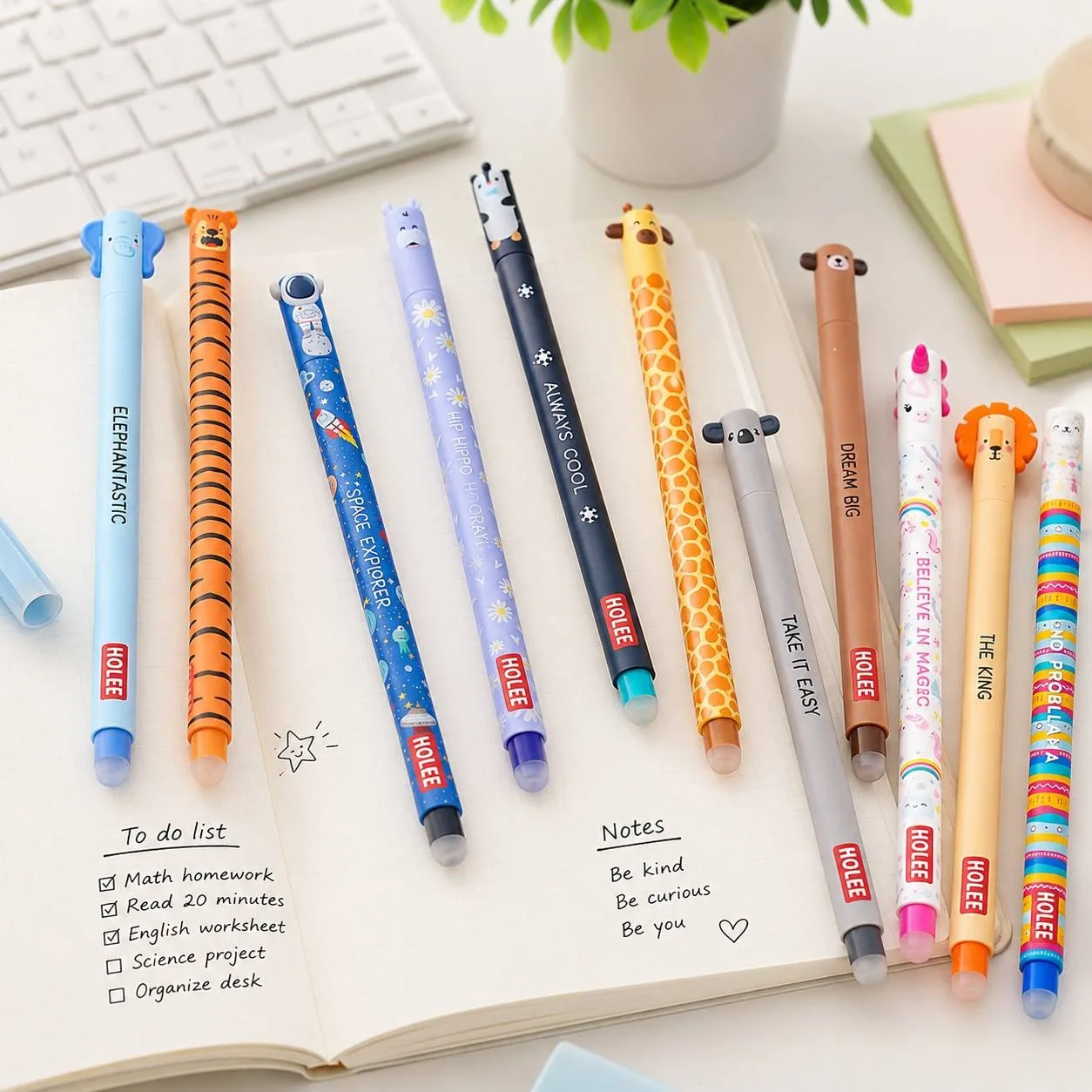 Confezione da 4 penne cancellabili, con disegni casuali di animali. Perfetto per la scuola, l'ufficio, i diari e la stagione di ritorno a scuola - immagine 2