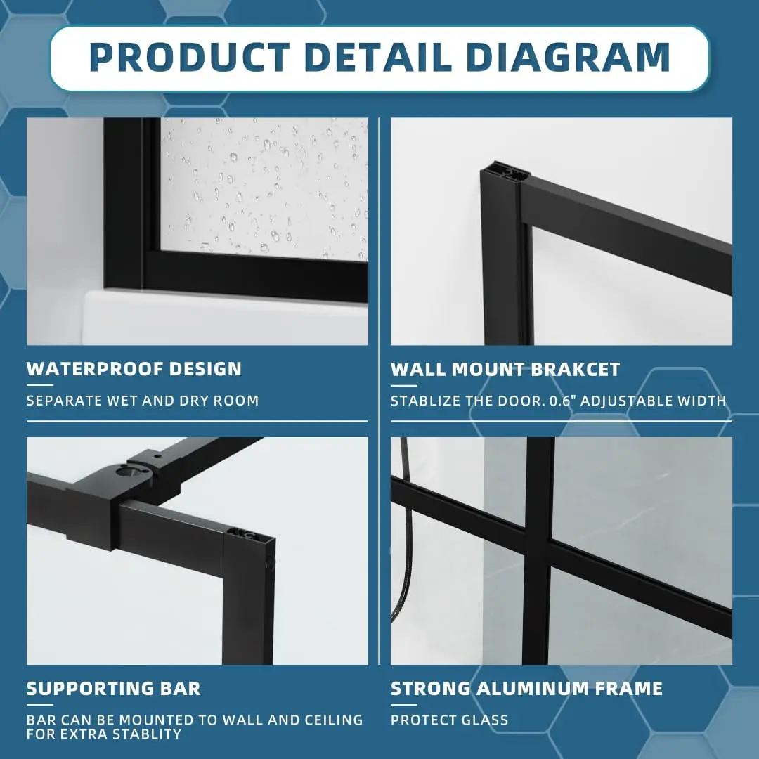 Shower Door Tempered Glass Shower Screen with Tool Bar Towel Rack for Walk in Bathroom 3 Grid Style Sleek Modern Design 5