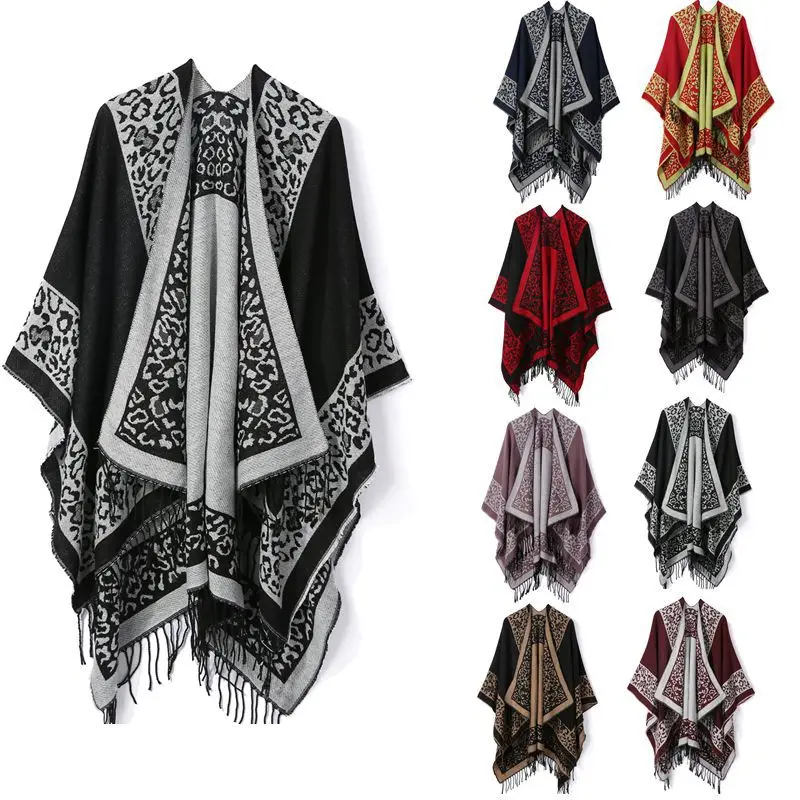 CHENKIO Autumn Winter Stoles Womens Bohemian Casual Shawl Fringe Poncho Cashmere Loose Vintage Patterned Oversize Cardigan Hijab