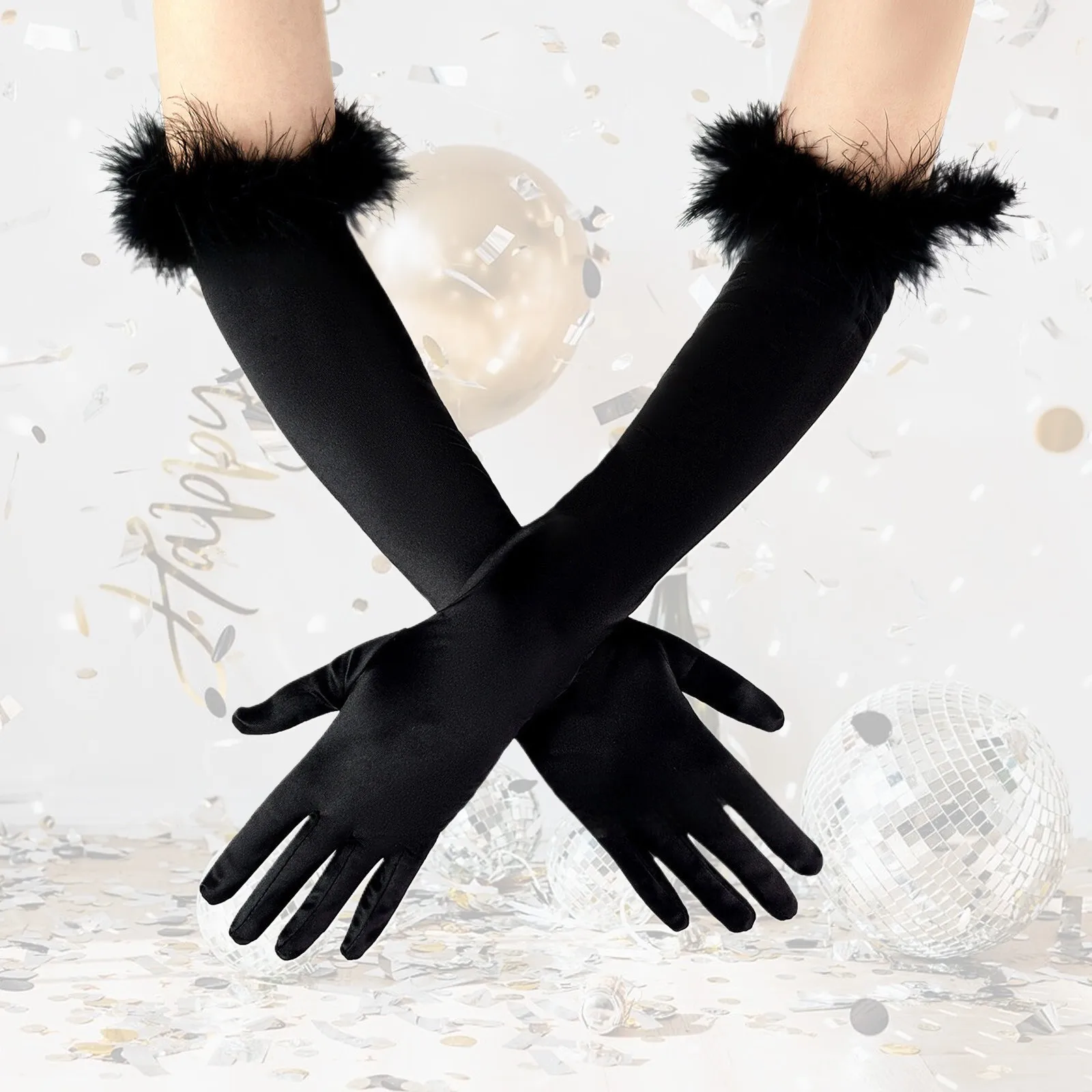 

Women's Long Opera Party 1920s Satin Tea Party Gloves Costume Stretch Gloves Cuffs Feather Mittens for Women Cold Weather Heated