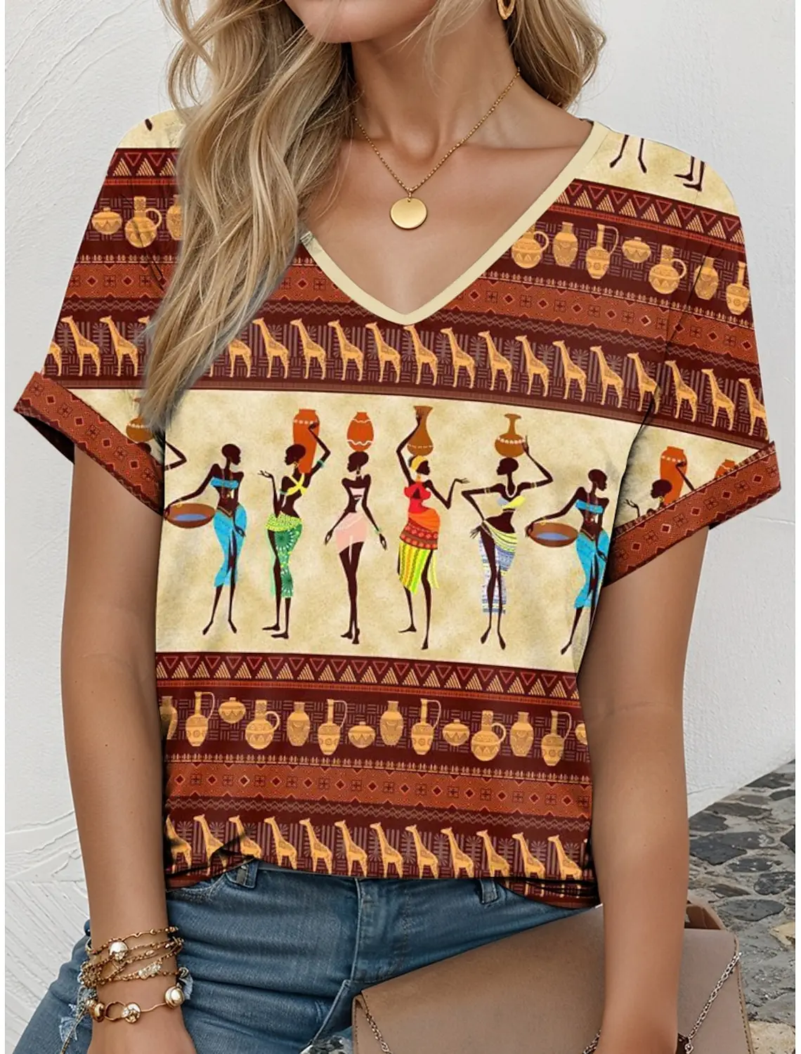 2025 Ethnic Women's T-Shirt Vintage Graphics Fashion Short Sleeved V-Neck Regular Tops Daily Print Tee Summer Spring Casual Tops 2