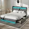 Bed Frame with Headboard, Platform Bed Frame with LED Lights&4 Storage Drawers, Button Tufted Fabric Upholstered Headboard 1
