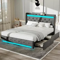 Bed Frame with Headboard, Platform Bed Frame with LED Lights&4 Storage Drawers, Button Tufted Fabric Upholstered Headboard 1