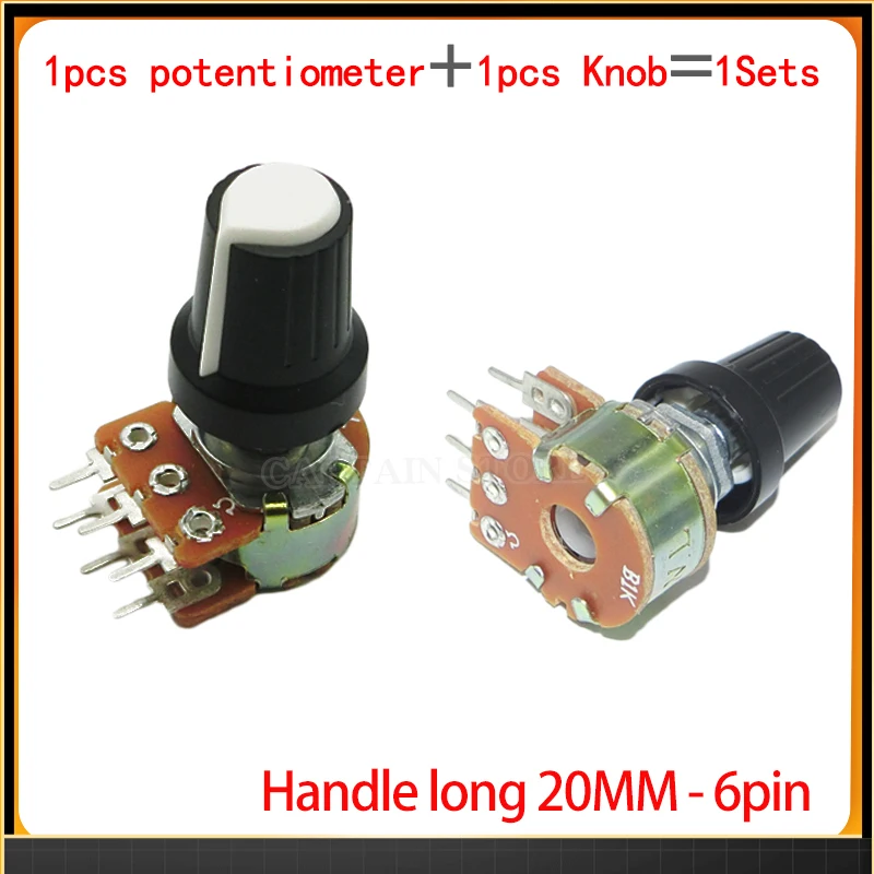 2 Sets WH148 1K 10K 20K 50K 100K 500K Ohm 20mm 6 Pin Linear Taper Rotary Potentiometer Resistor for Arduino with AG2 White cap