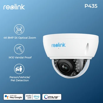 Reolink 4K PoE 8MP IP 감시 카메라, 5X 광학 줌 인간 및 자동차 감지, IK10 방폭 야외 보안 카메라 P435