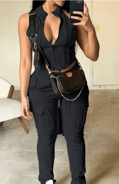 Soild Pocket Cargo 2 Piece Set Women Tracksuits 2024 Summer Zipper Sleeveless Crop Tops High Waist Pants Casual Streetwear