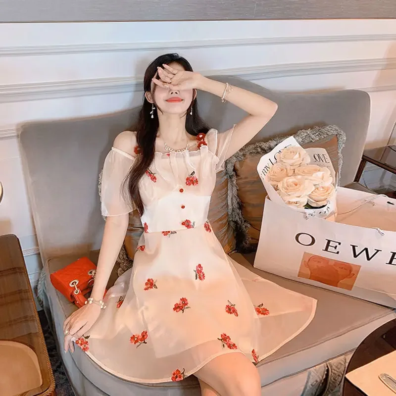 Silk Floral Short Dresses Fairy Satin Silk Female Dresses 2024