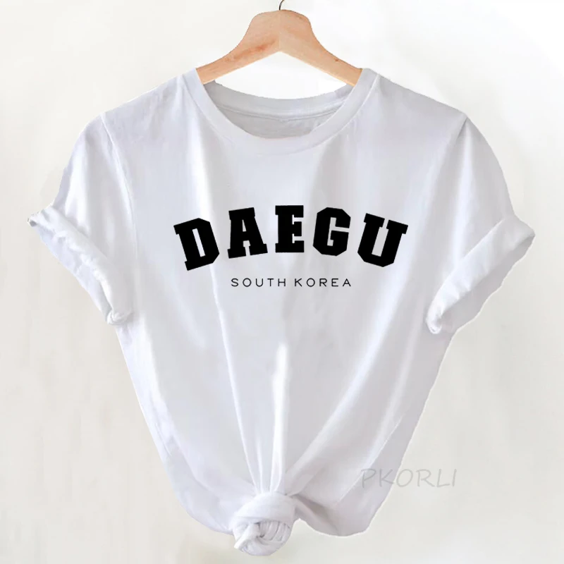 Фото Женская футболка с коротким рукавом Daegu, хлопковая Футболка в Корейском стиле, футболка унисекс, уличная женская футболка, изготовленная из Южной Кореи №3