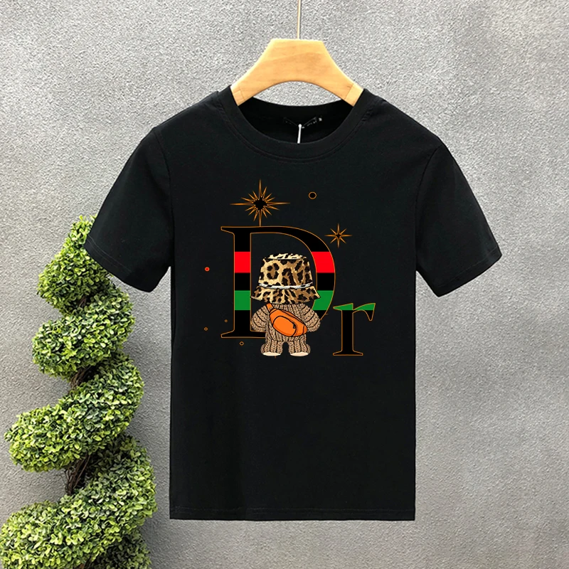 Summer American Tide Brand Dr Letter Leopard Print Back Bear Men's And Women's Casual Cotton Short Sleeve T-shirt_voghion.com