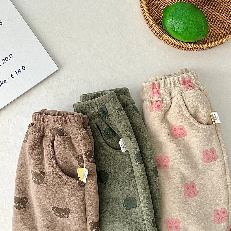 Korean version of autumn and winter cotton cartoon pattern for boys and girls, plush warm loose casual Harlan pants