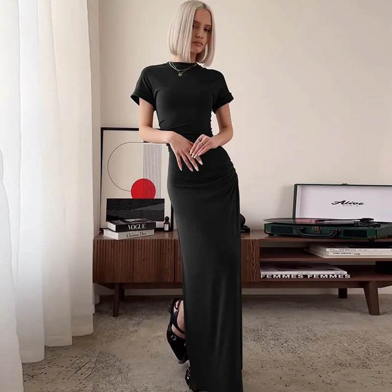 Women's Elegant O Neck Maxi Dress Short Sleeve Slim High Waist Shirring Dress Sexy Side Slit Evening Club Bodycon Dress Lady