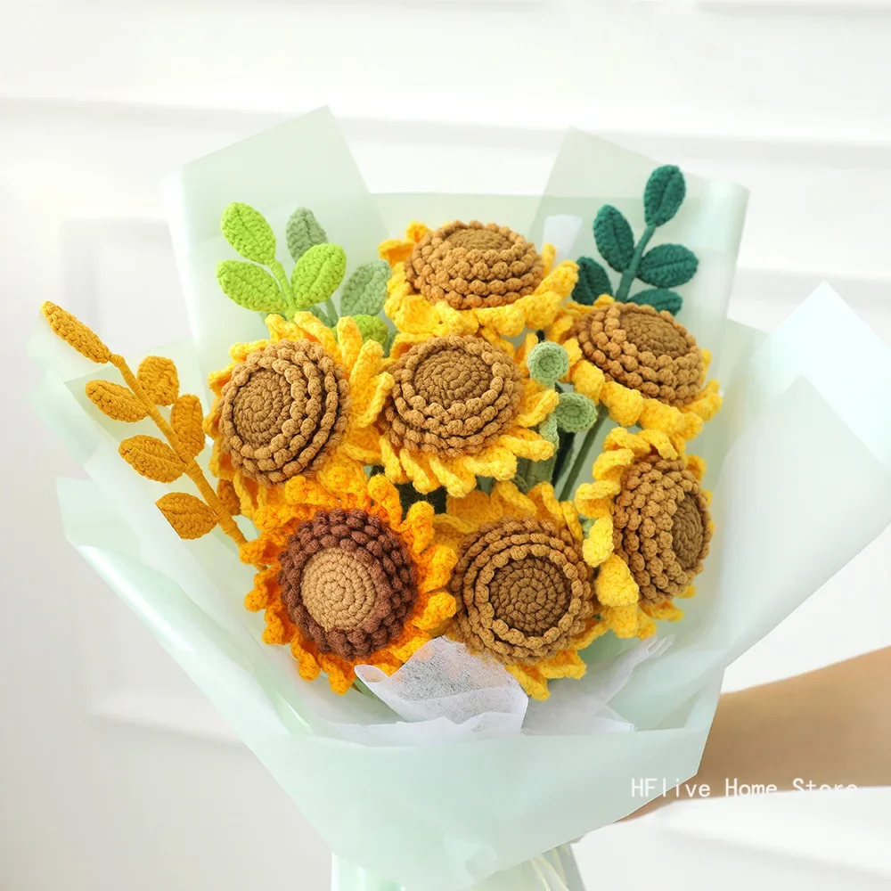 Cute Finished Crochet Sunflower Bouquet Artificial Flowers Hand-Knitted for Women Mother Home Room Decor Flower s Gift crochet kit