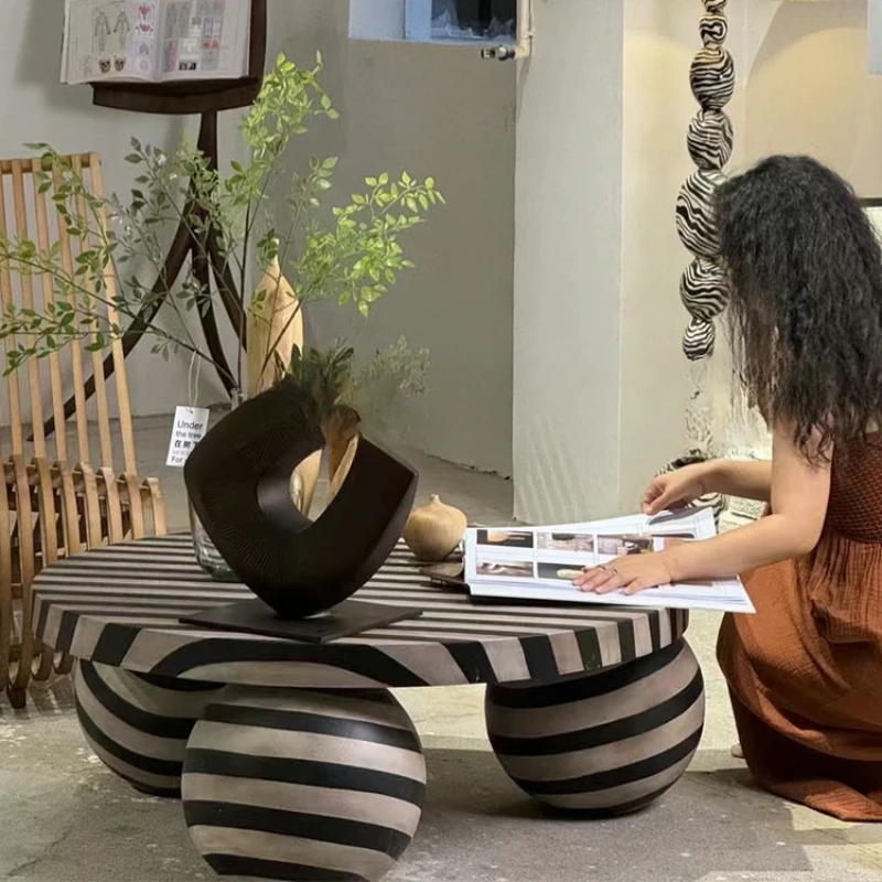 

Medieval retro black and white color matching zebra stripes spherical circular tea table, modern home living room creative low