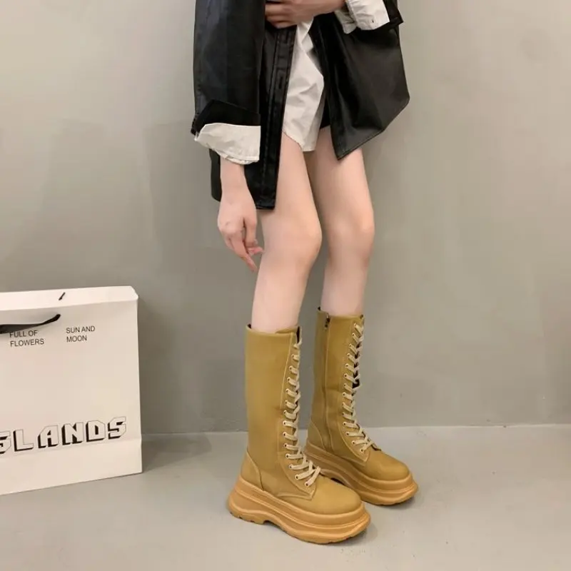 여성용 캐주얼 증가 플랫폼 부츠, 신상 디자이너 단색 신발, 가을 겨울 무릎 높이 나이트 부츠, 신상