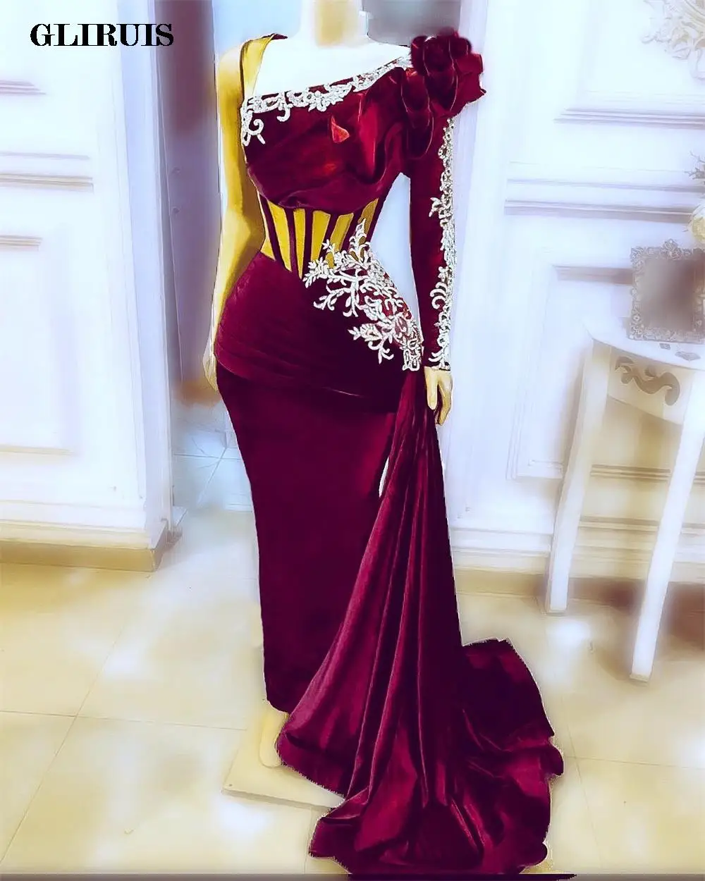 long sleeve evening gowns Burgundy Arabic Evening Dress Mermaid Velvet  Pleats Applique Formal Long Court Train Muslim Party Dress Prom Gowns Outfit plus size formal dresses & gowns