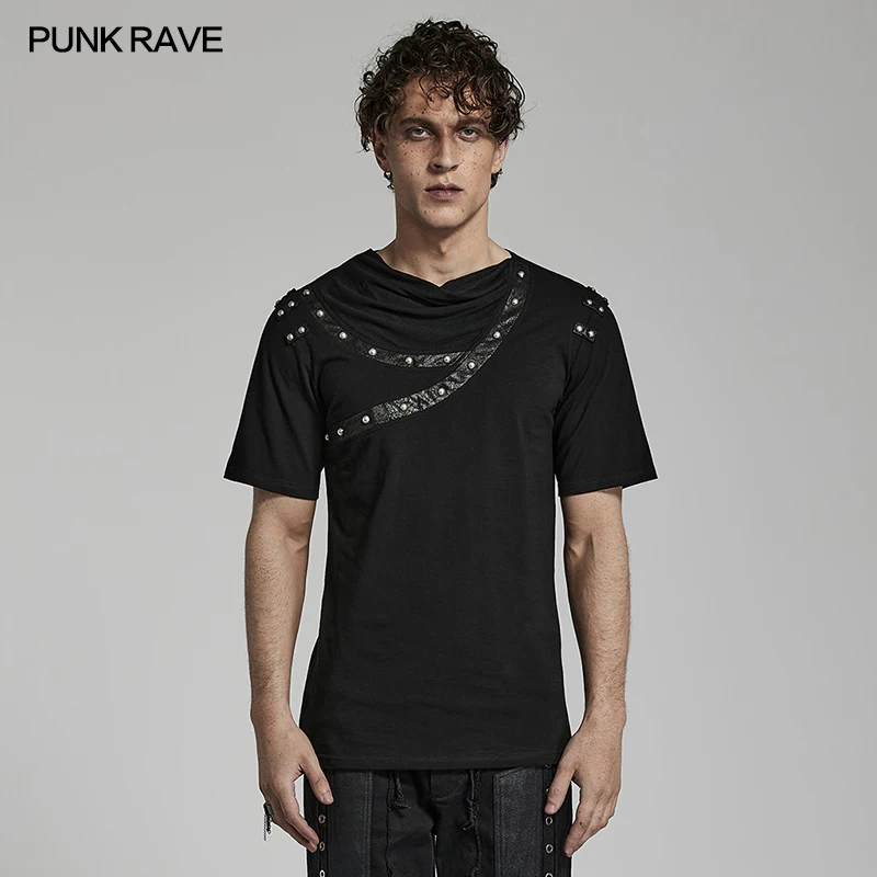 

PUNK RAVE Men's Punk Daily T-shirt Asymmetric Drop Collar Cracked Leather T-shirt Personality Cool Summer Tops for Men