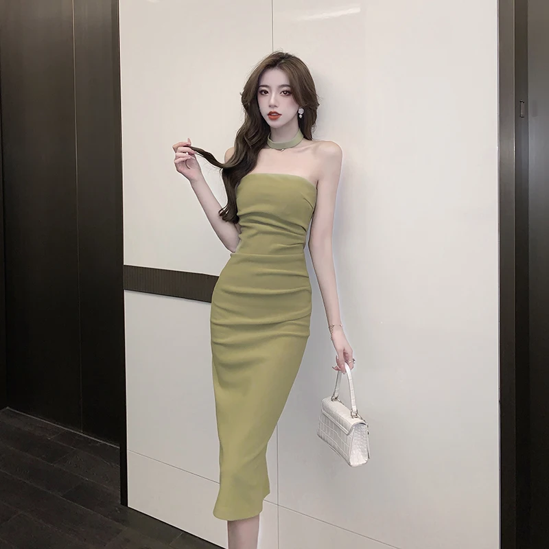 

Pure wind spice girl strapless dress sexy hanging neck backless slit dress