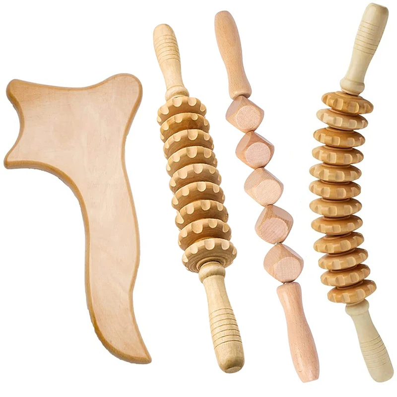 

4Pcs Wood Therapy Massage Tool Lymphatic Drainage Massager Anti Cellulite Fascia Massage Roller for Full Body Muscle Pain Relief