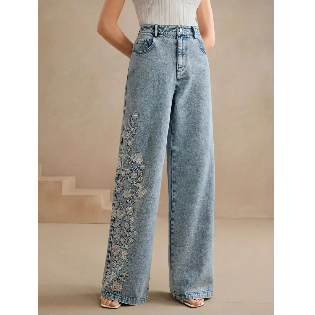 Y2k – jean tendance pour femme, grande taille, confortable, extensible, Denim délavé, Design brodé, mode, jambe droite, nouvelle collection 2025
