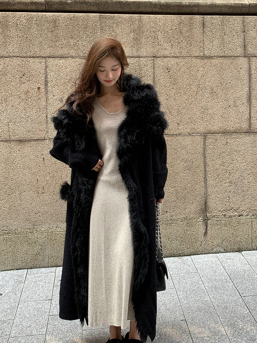 Women's Clothing Large Lapel Sweater Cardigan For Women Autumn Winter 2023 New Style Imitation Fox Fur Long Elegant Knitted Coat
