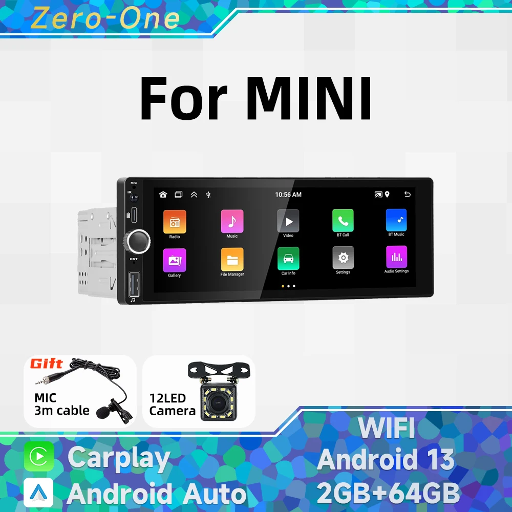 

Wireless Carplay Android Auto 1 Din Radio Android Car Multimedia for MINI 6.86" IPS Screen Stereo Head Unit Autoradio GPS Wifi
