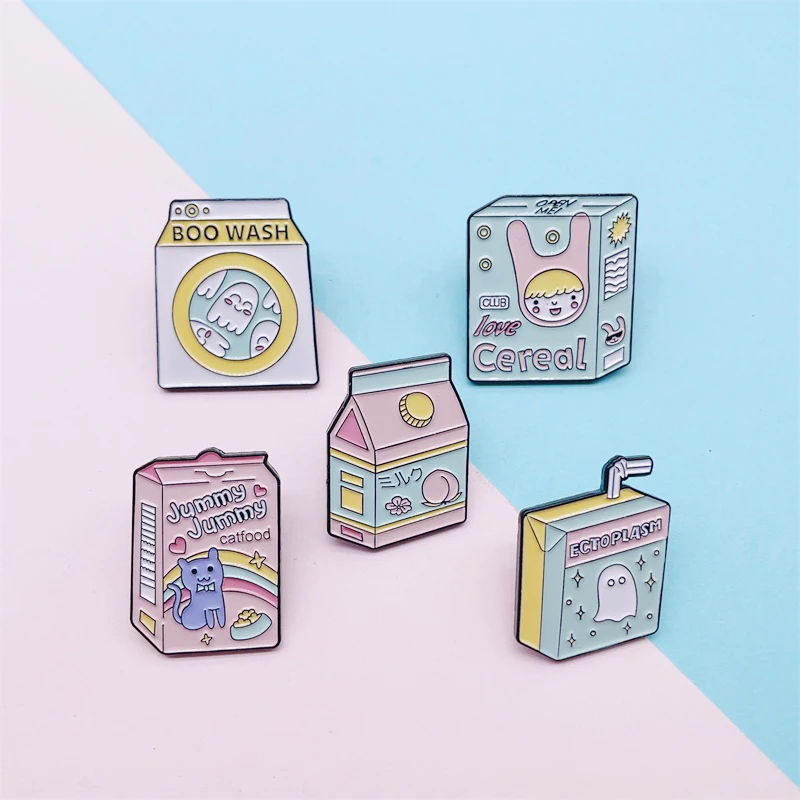 Cartoon Sweet Milk Box Spilla Smaltata Love Rainbow Animal Cat Ghost Alloy Pins Badge Fashion Women Jewelry Gift For Friends