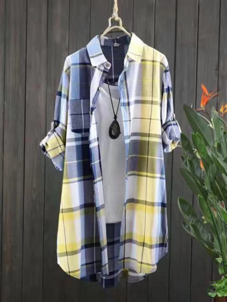Plus Size Cotton Mid Length Plaid Print Women Autumn Shirts Casual Female Korean Fashion Long Sleeve Single-breasted Blouses Best Sellers In Plus Sized Clothing