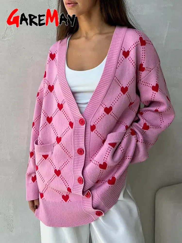 Pink Women's Oversize Cardigan with Hearts Print Cute Soft V-neck