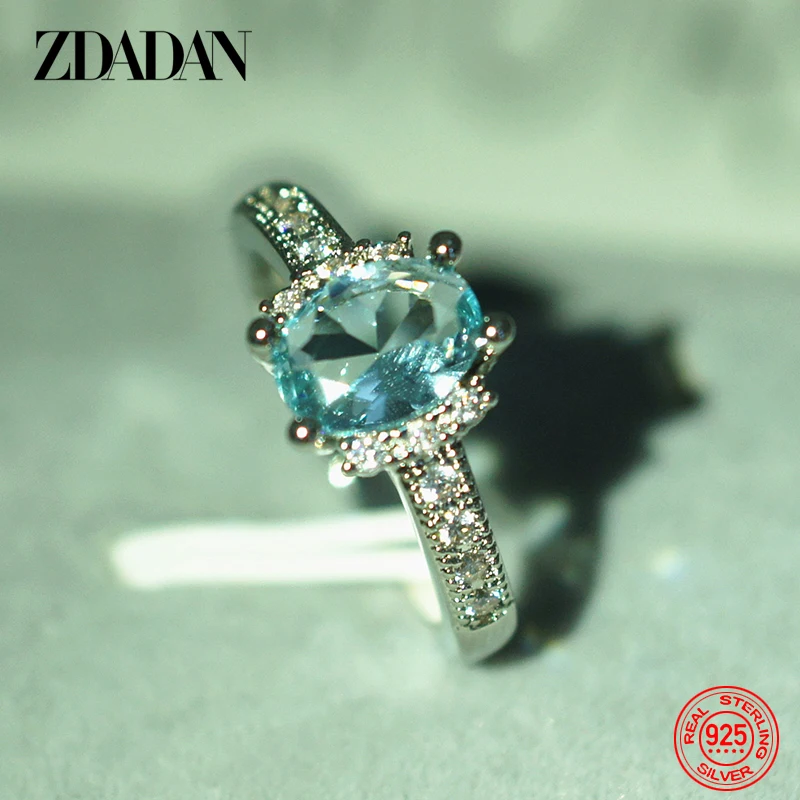ZDADAN  참 아쿠아 마린 반지 여성을위한 패션 웨딩 쥬얼리 약혼 파티 선물