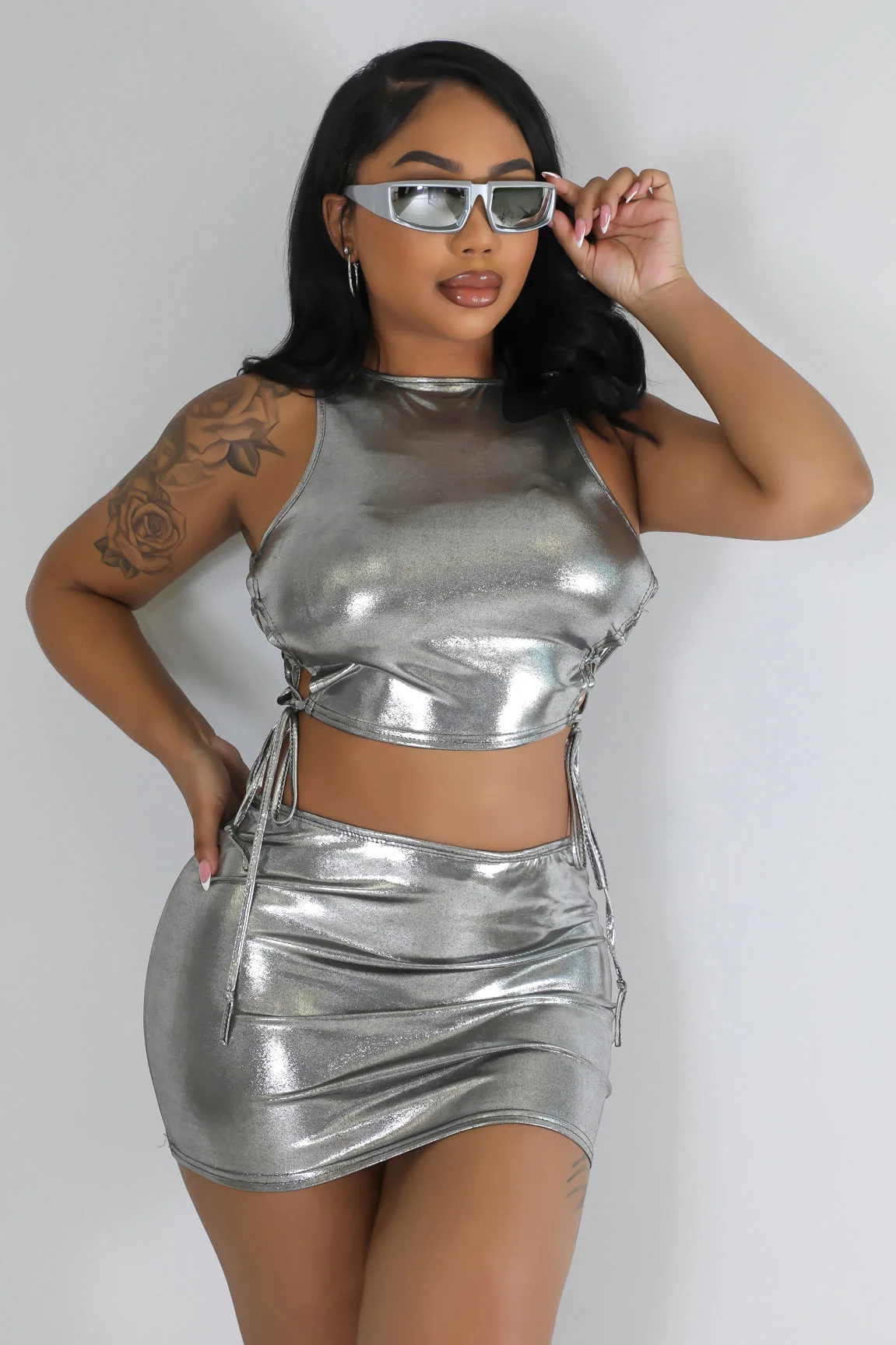 Bright Night Club Outfit Lady Dress Sets Sleeveless Lace Up Shirt 2 Piece Summer Sexy Crop Top Mini Dresses New In Matching Sets