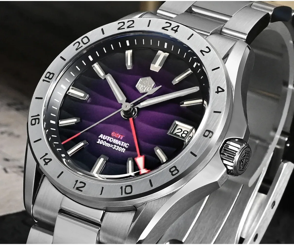 San Martin Men GMT Watch 39mm Automatic Mechanical Wristwatch 10ATM Waterproof Luminous Sapphire NH34 Desert Texture Dial