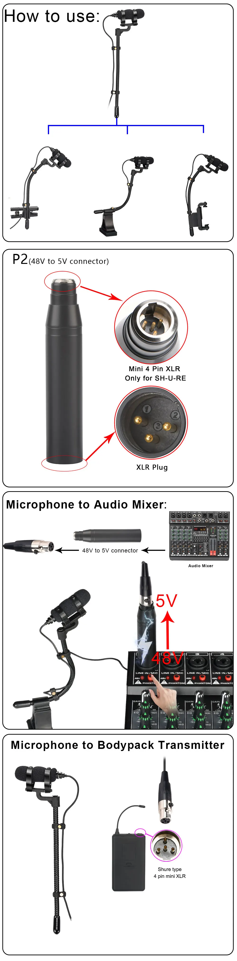 FREEBOSS 4 Pin Wind Instruments Sax Microphone Hypercardioid Mini Portable Saxphone Violin Piano Horn Wired Mic IM-22-L6