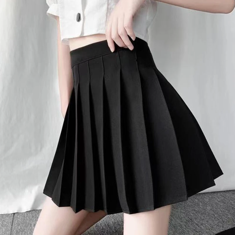 

Women Girl Preppy Style High Waist Solid Color Mini Skater Skirt Pleated A-Line Flared Hem Basic School Uniform Tennis Skirt wit