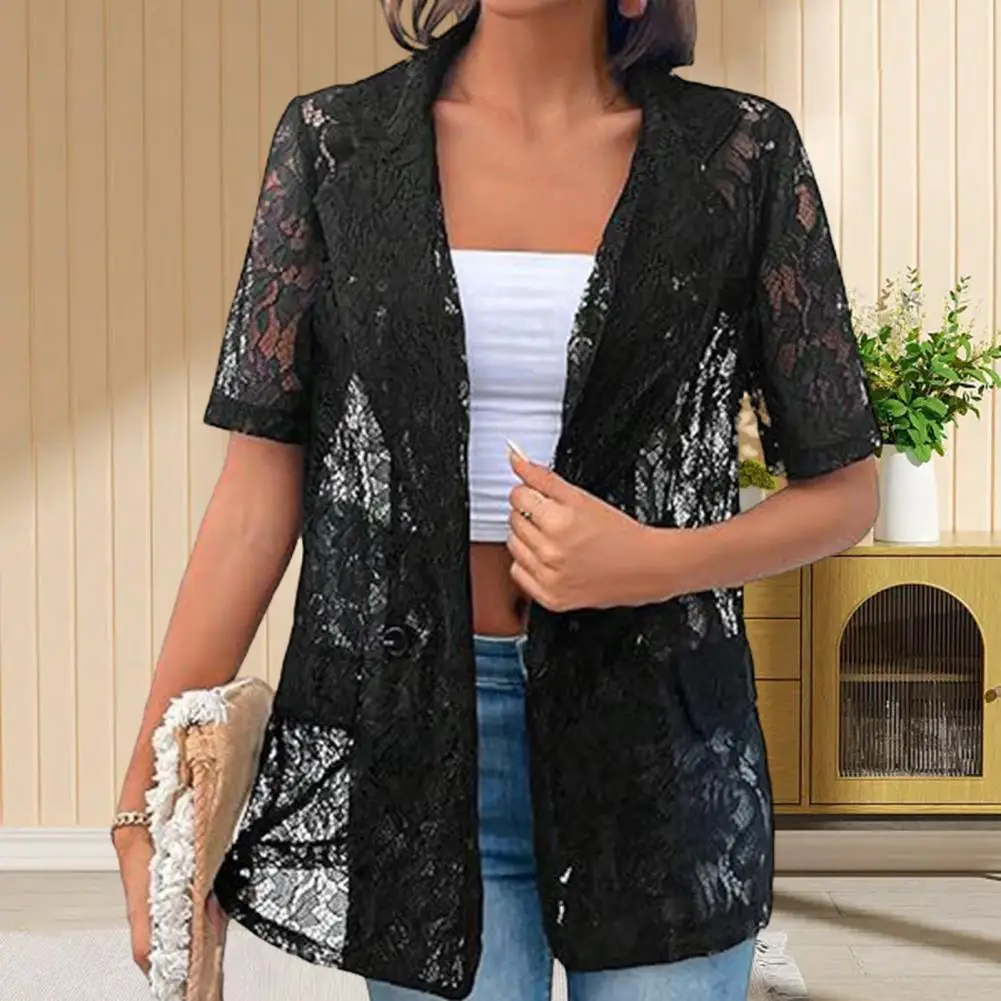 

Lace Front See-through Shirt Elegant Lace Cardigan with Lapel Decorative Pockets Women's Short Sleeve Suit Coat Featuring