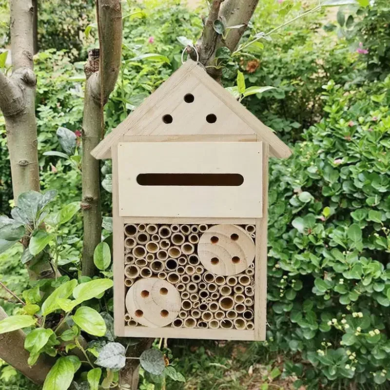 Mason Bee House Empty Natural Wooden Mason Bee Box and Butterfly Hotel Outdoor Garden Box Durable and Stylish Garden