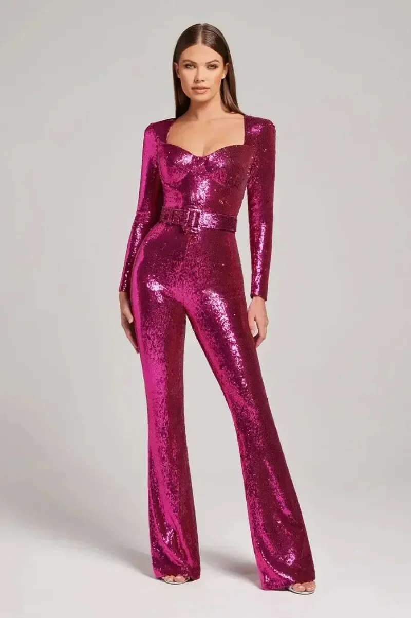 Women's Prom Clothing Sexy V-neck Long Sleeve Sequin With Belt Jump Suit Fashion Solid Wide Leg Trousers Jumpsuits For Women