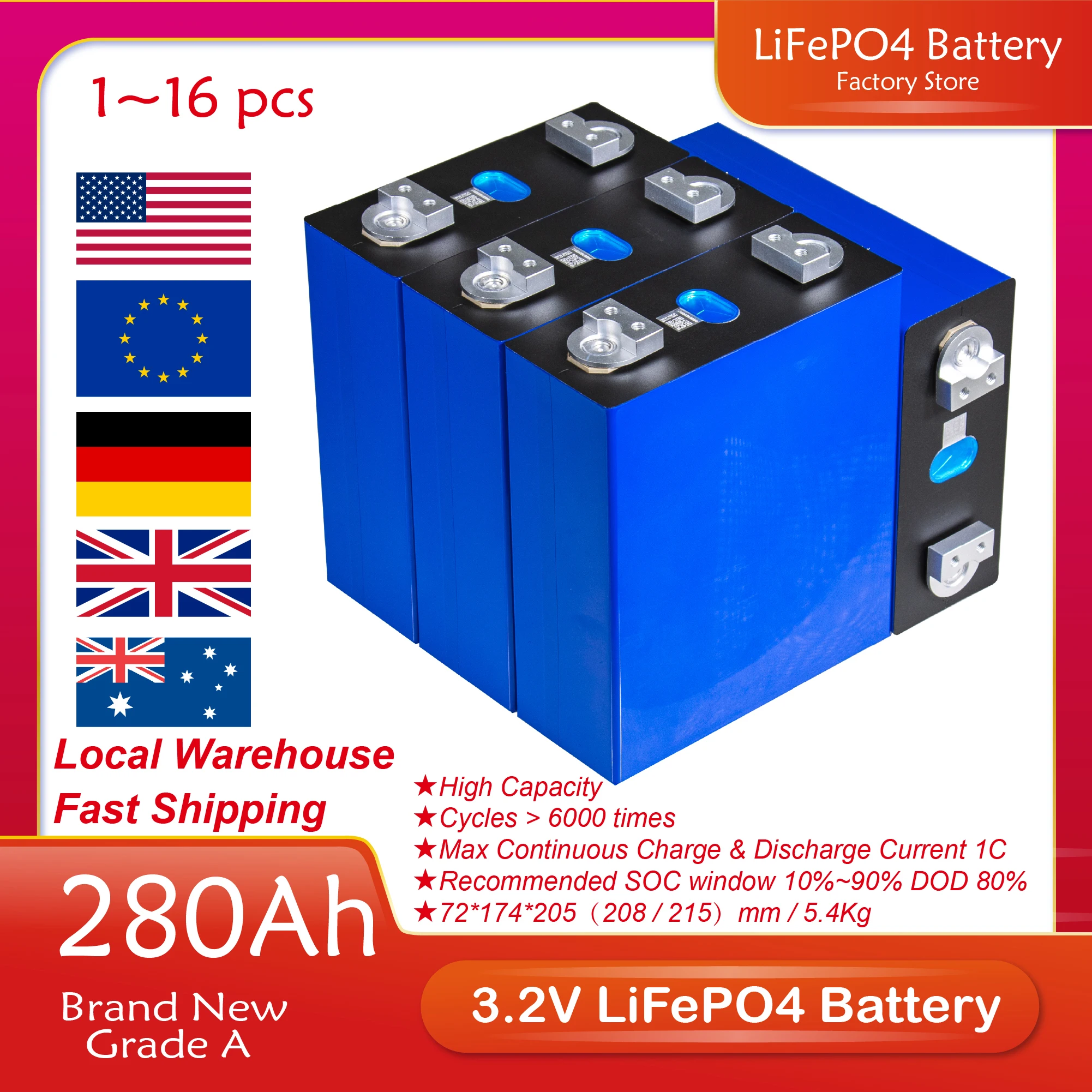 

280AH 3.2V 32/16/8/4/2PCS Lithium Iron Phosphate Battery LF280K Grade A Brand New DIY 48V 12V 24V Batteries Pack For Golf Cart